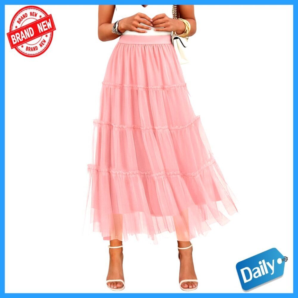 Tulle Maxi Skirt A-Line Flowy Ruffle Tiered Elastic High Waist Work Casual
